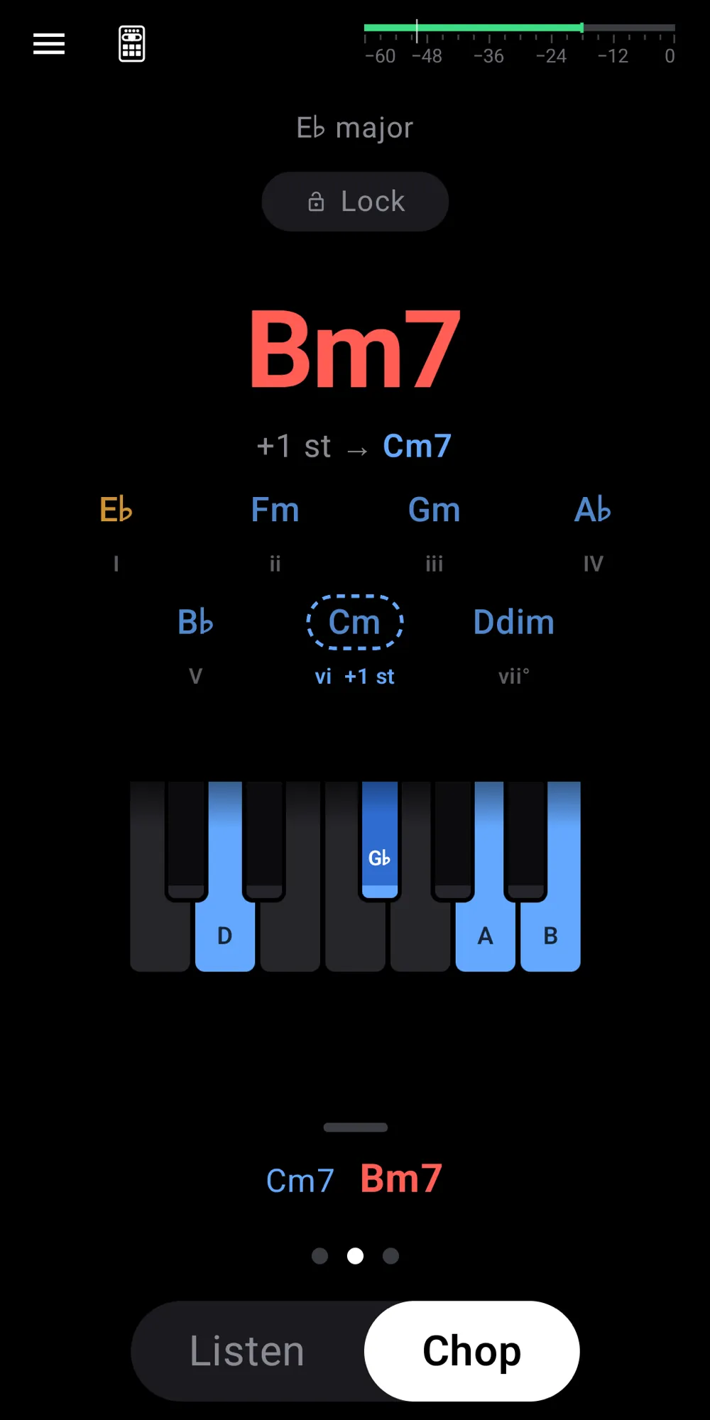 Sample Buddy in Chop: a Bm7 pad outside E♭ major, with the hint +1 st to Cm7