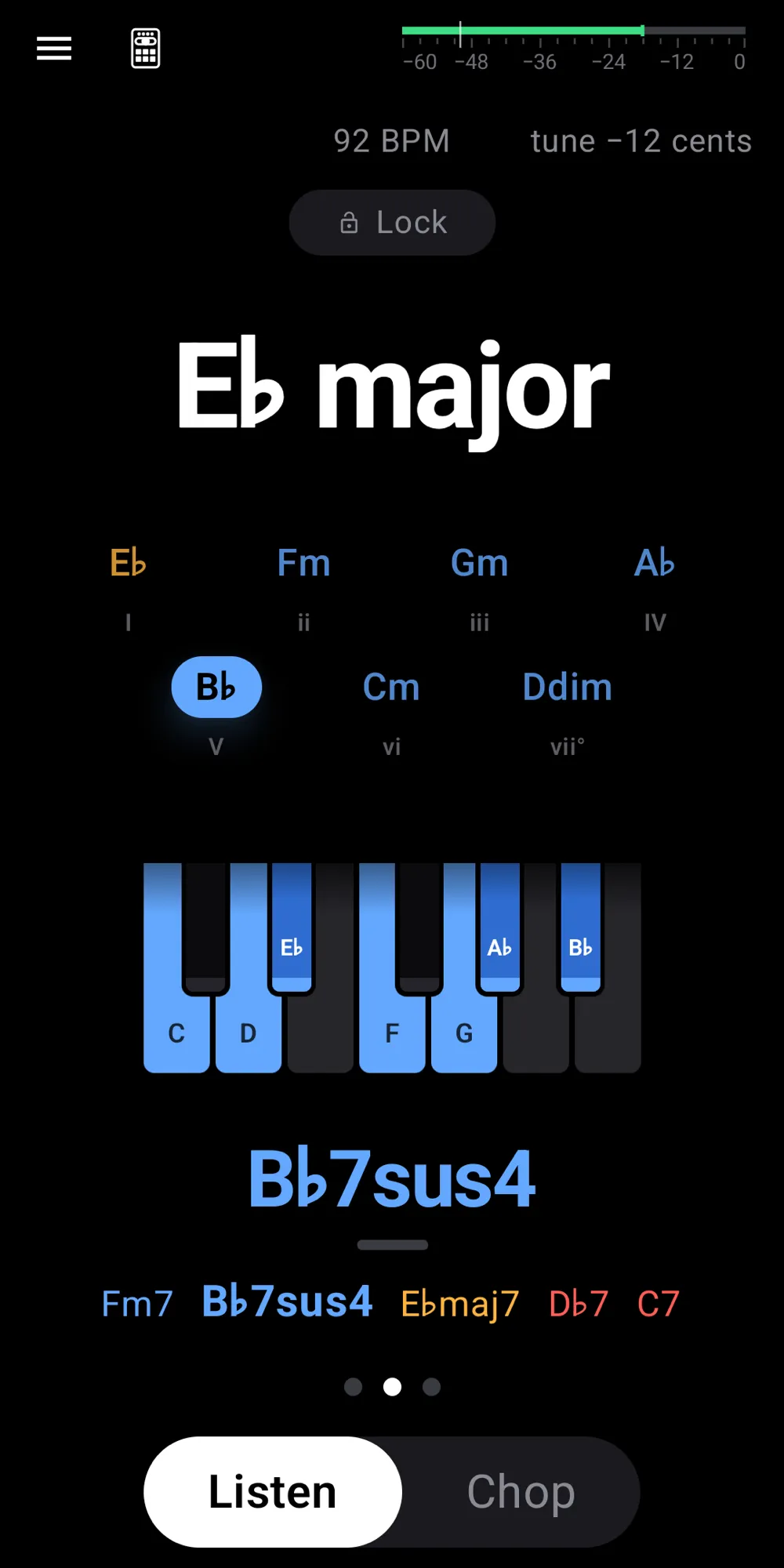 Sample Buddy in Listen: E♭ major at 92 BPM, the key's seven chords, B♭7sus4 sounding and the loop's chords in a trail